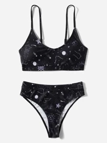 Swim EVENT Galaxy Print High Waisted Bikini For Summer Beach Vacation - Black - View 6