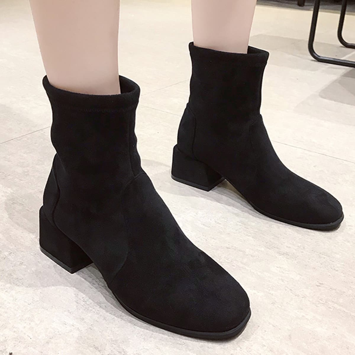 

Square Toe Block Heeled Boots, Black