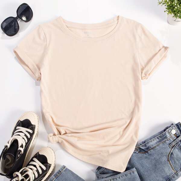 

Solid Round Neck Tee, Beige