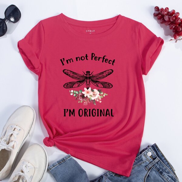 

Dragonfly And Slogan Graphic Tee, Rose red