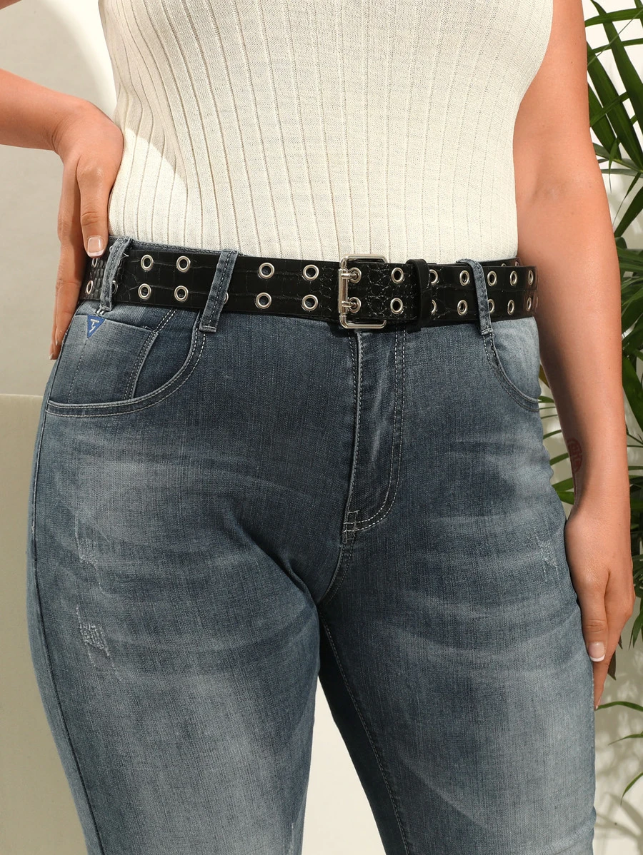 1 pieza Cinturón con estampado de cocodrilo y doble hilera de ojales, talla grande de 160cm (patrón asimétrico aleatorio) para verano, escuela, otoño, Halloween - Negro - Ver 1