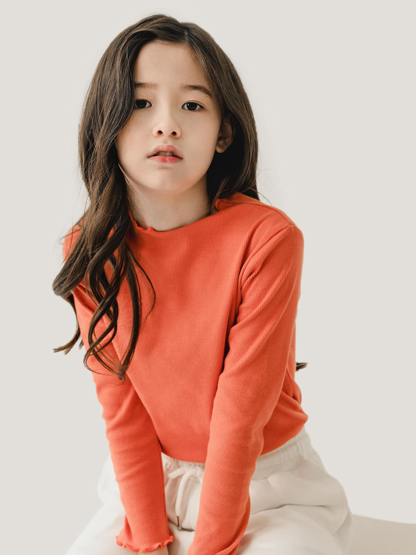 CUNYI Tween Girl Casual Solid Color Long Sleeve Basic T-Shirt Top - Orange - View 1