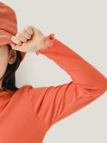 CUNYI Tween Girl Casual Solid Color Long Sleeve Basic T-Shirt Top - Orange - View 3