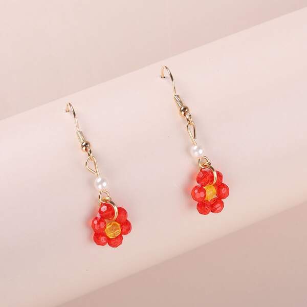 

Flower Decor Drop Earrings, Red