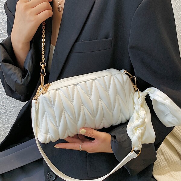 

Scarf Decor Quilted Baguette Bag, White