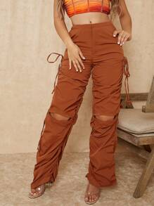 SHEIN SXY Pantalones con abertura con cordón lateral - Naranja Quemada - Ver 1