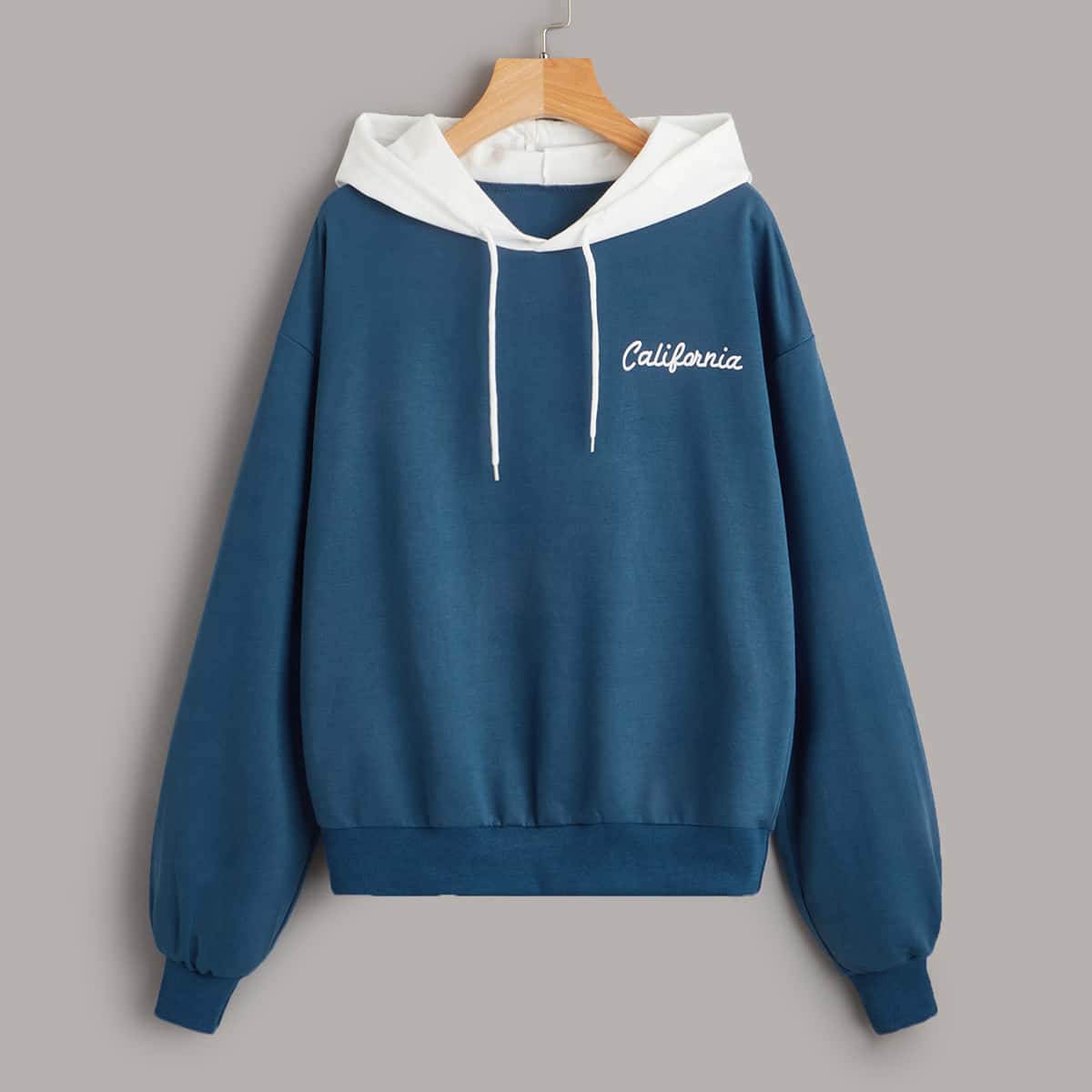 

Letter Colorblock Drawstring Hoodie, Blue and white