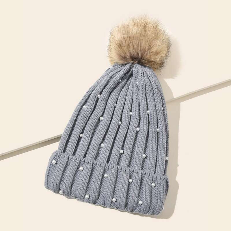 

Pom Pom Decor Knit Hat, Grey