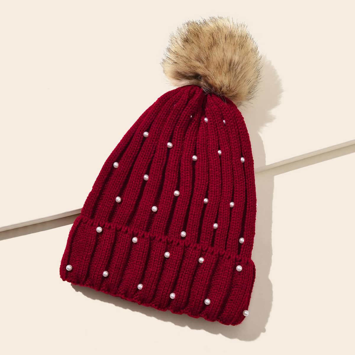 

Pom Pom Decor Knit Hat, Burgundy