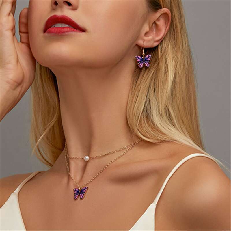 

1pc Butterfly Decor Necklace & 2pcs Earrings, Purple