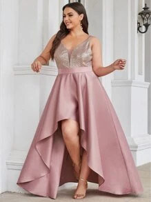 Plus Sequin Bodice High Low Asymmetrical Hem Bridesmaid Dress - Dusty Pink - View 3