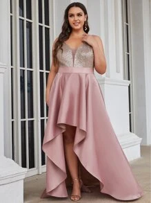 Plus Sequin Bodice High Low Asymmetrical Hem Bridesmaid Dress - Dusty Pink - View 4