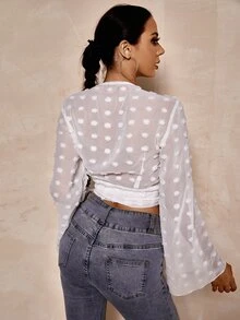Swiss Dot Knot Side Crop Wrap Blouse - White - View 2