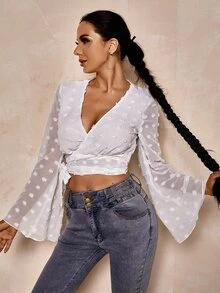 Swiss Dot Knot Side Crop Wrap Blouse - White - View 3