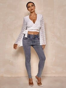 Swiss Dot Knot Side Crop Wrap Blouse - White - View 5