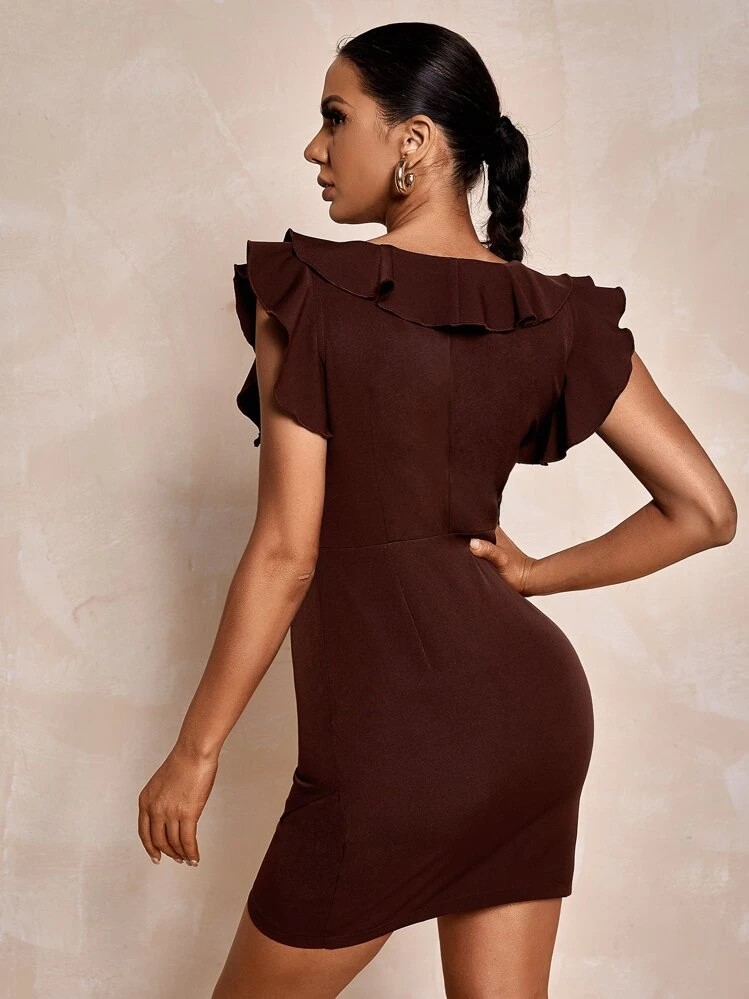 Chiquease 荷葉邊緊身洋裝 - 巧克力棕 - 查看 2