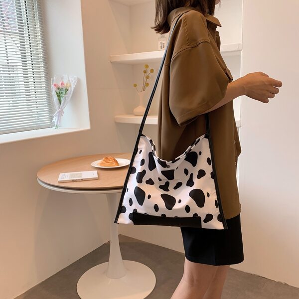 

Cow Print Shoulder Bag, Black and white