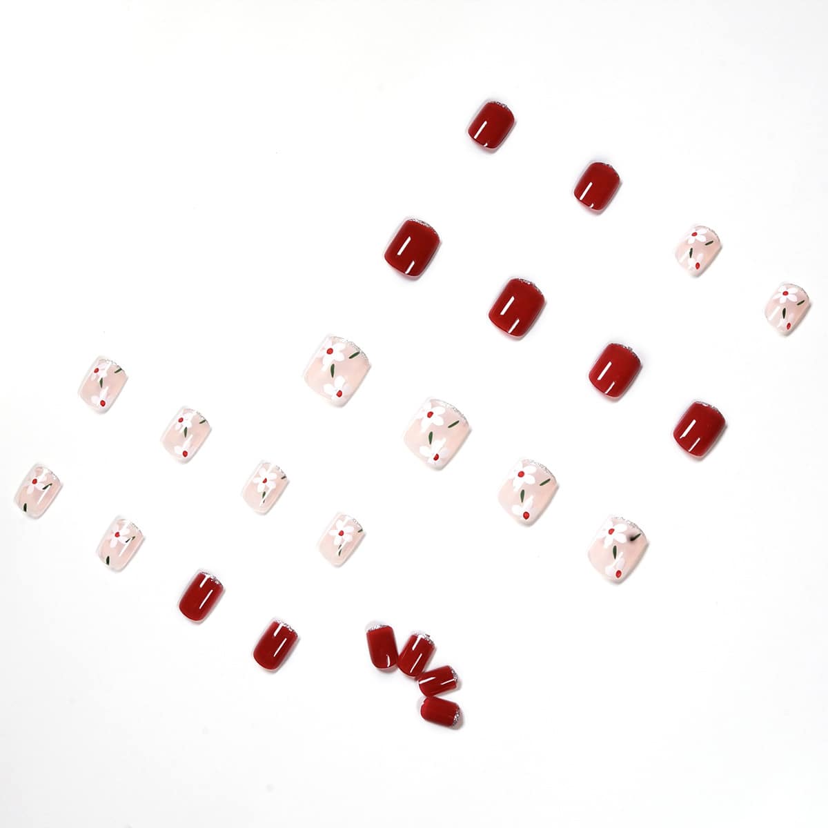 

24pcs Flower Pattern Fake Nail, Burgundy