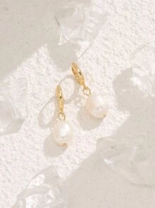 Natural Pearl Decor Drop Earrings - Yellow Gold - View 2