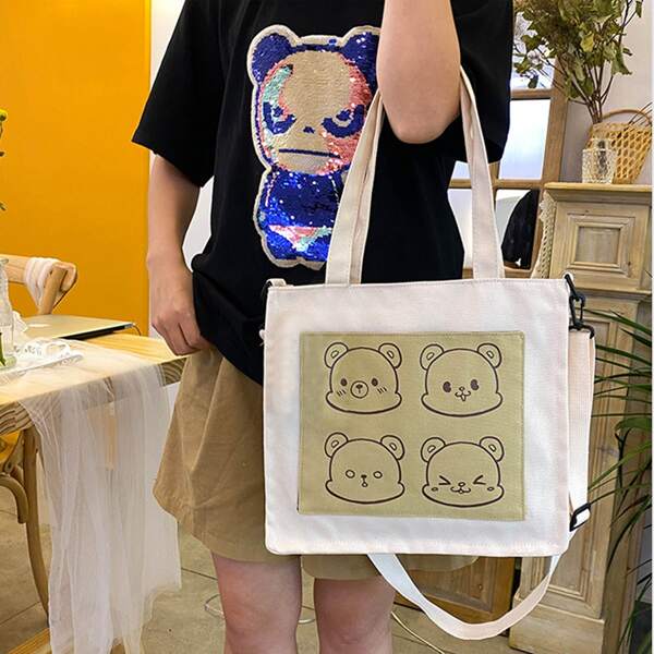 

Cartoon Graphic Shoulder Tote Bag, White