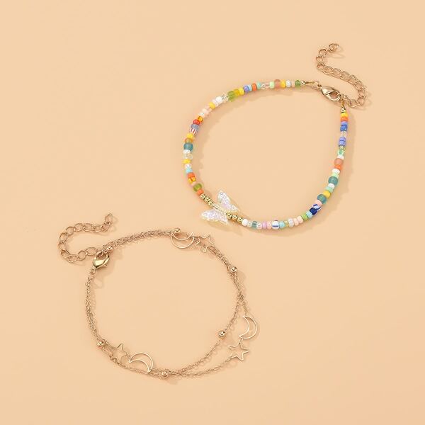 

2pcs Star Moon Decor Anklet, Gold