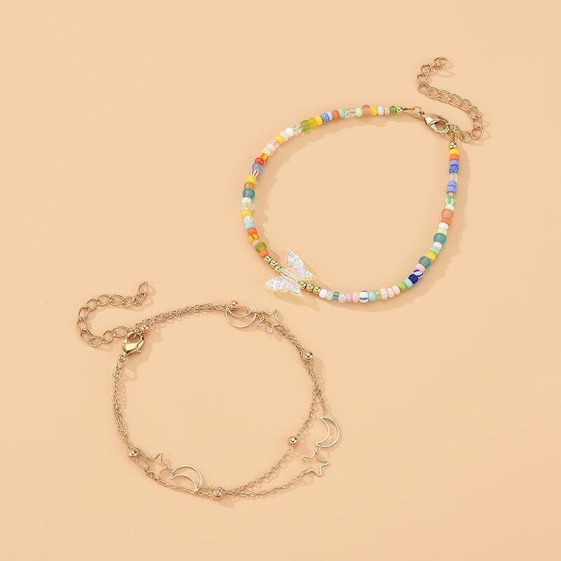 

2pcs Butterfly Decor Beaded Anklet, Multicolor