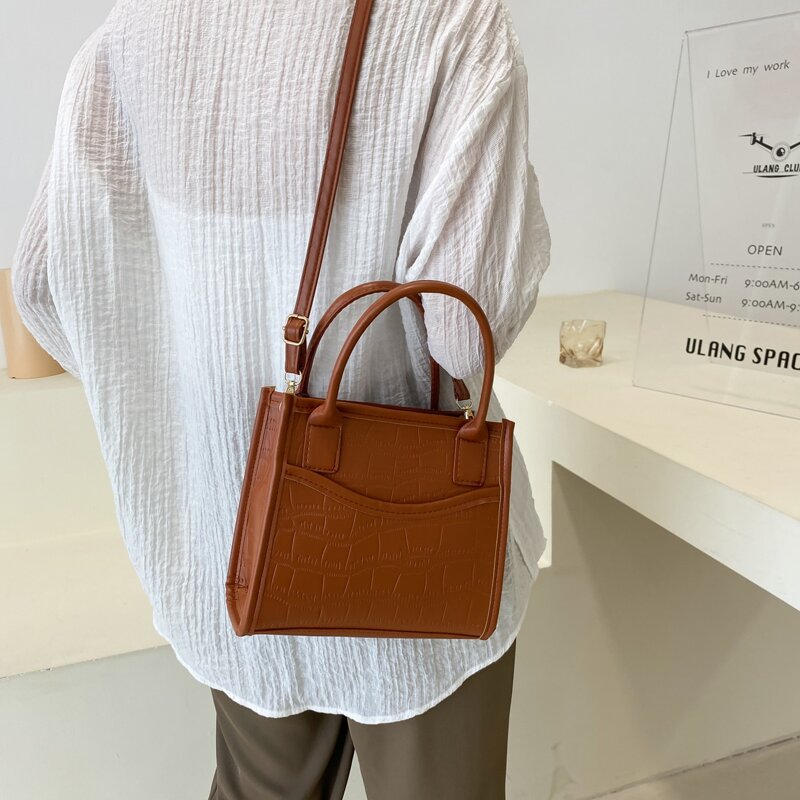 

Solid Stone Grain Satchel Bag, Brown