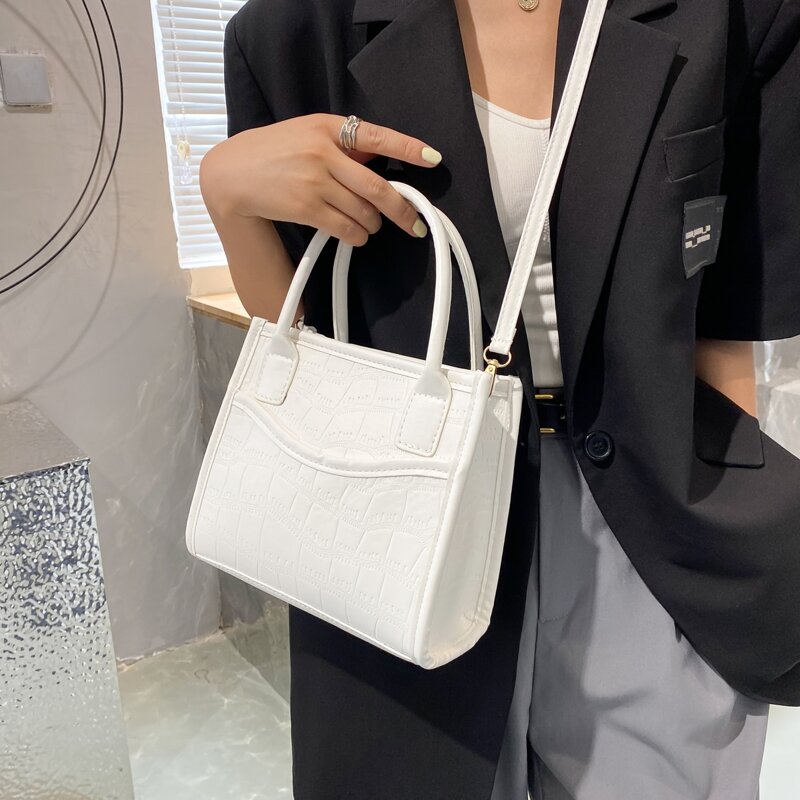 

Solid Stone Grain Satchel Bag, White