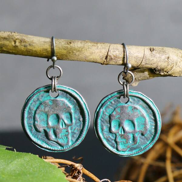 

Skull Engraved Round Drop Earrings, Blue