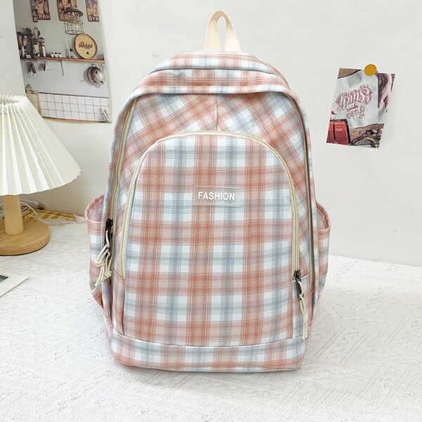 

Letter Patch Plaid Pattern Backpack, Multicolor