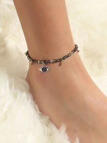 Eye Charm Beaded Anklet - Black - View 1