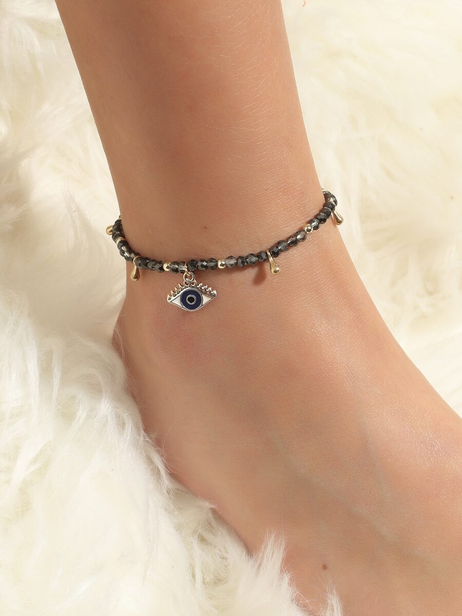 Eye Charm Beaded Anklet - Black - View 1