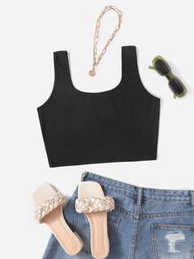 SHEIN Essnce 短款素色背心上衣 - 黑色 - 查看 1