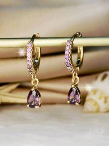 Cubic Zirconia Water Drop Charm Earrings - Purple - View 2