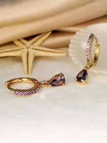 Cubic Zirconia Water Drop Charm Earrings - Purple - View 4