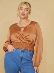Áo sơ mi Plus Size Cắt ra Dải chun màu trơn Giải trí - Màu Cam cháy - Xem 1