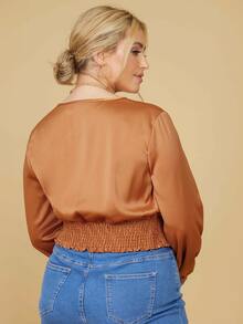 Áo sơ mi Plus Size Cắt ra Dải chun màu trơn Giải trí - Màu Cam cháy - Xem 2