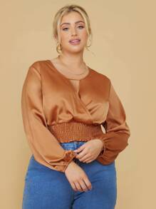 Áo sơ mi Plus Size Cắt ra Dải chun màu trơn Giải trí - Màu Cam cháy - Xem 3