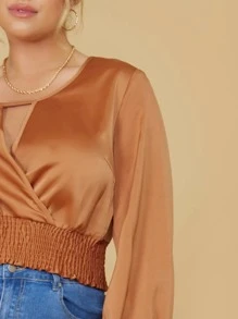 Áo sơ mi Plus Size Cắt ra Dải chun màu trơn Giải trí - Màu Cam cháy - Xem 5