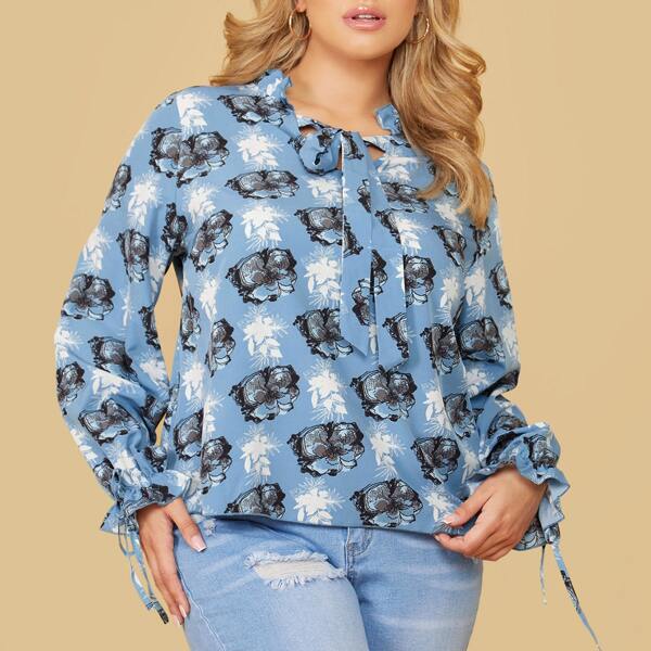 

Plus Allover Floral Print Tie Neck Blouse, Multicolor