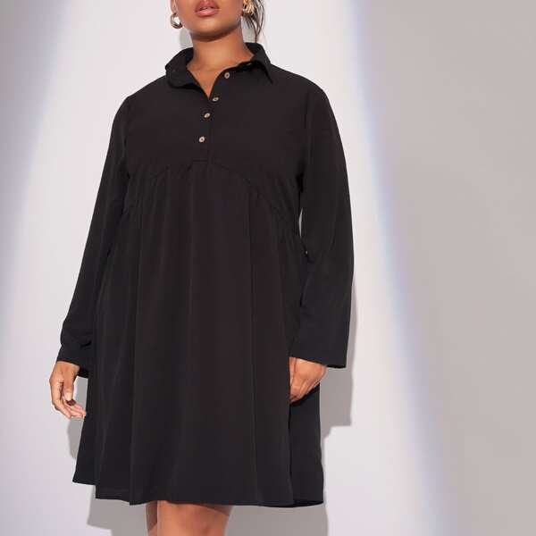 

Plus Quarter Button Shirt Dress, Black