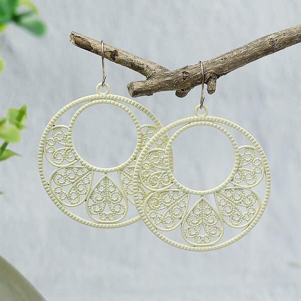 

Hollow Out Round Drop Earrings, Beige