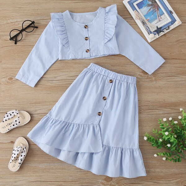 

Toddler Girls Ruffle Trim Top & Asymmetrical Hem Skirt, Baby blue