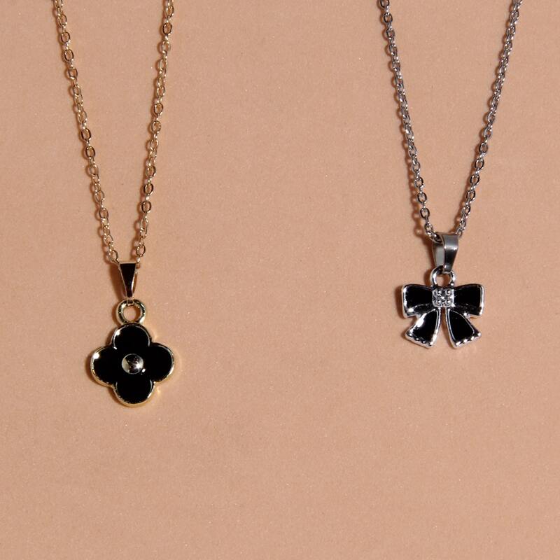 

2pcs Floral & Bow Pendant Chain Necklace, Multicolor