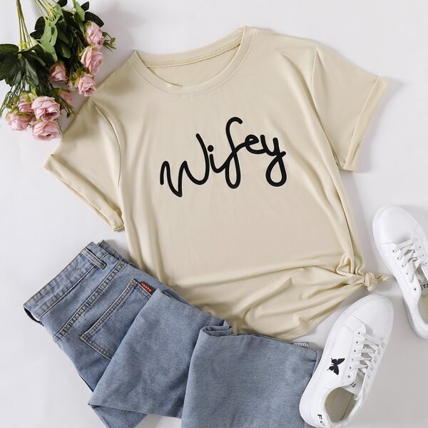

Plus Letter Graphic Crew Neck Tee, Apricot