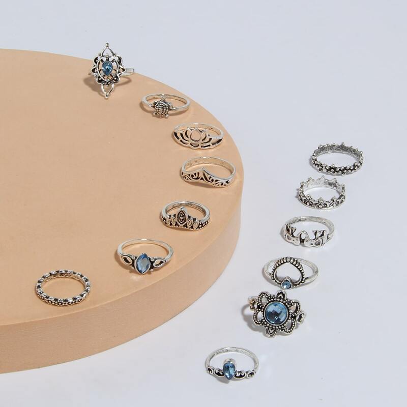 

13pcs Vintage Engraved Ring, Silver