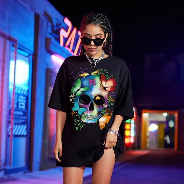 

Skull & Butterfly Print Round Neck Tee, Black