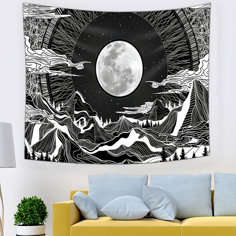 

Mountain & Moon Print Tapestry, Black and white