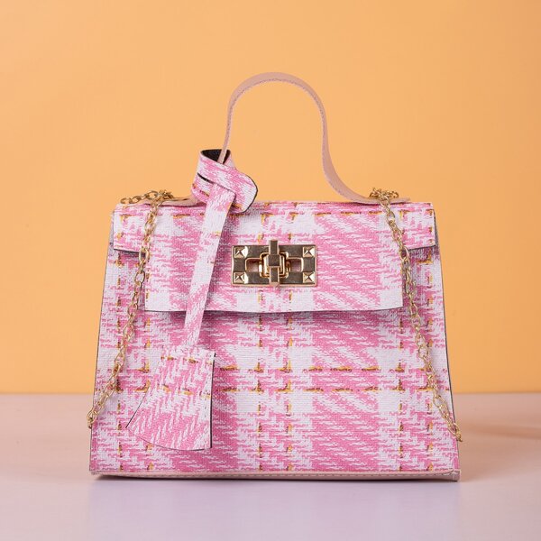 

Plaid Pattern Chain Square Bag, Pink