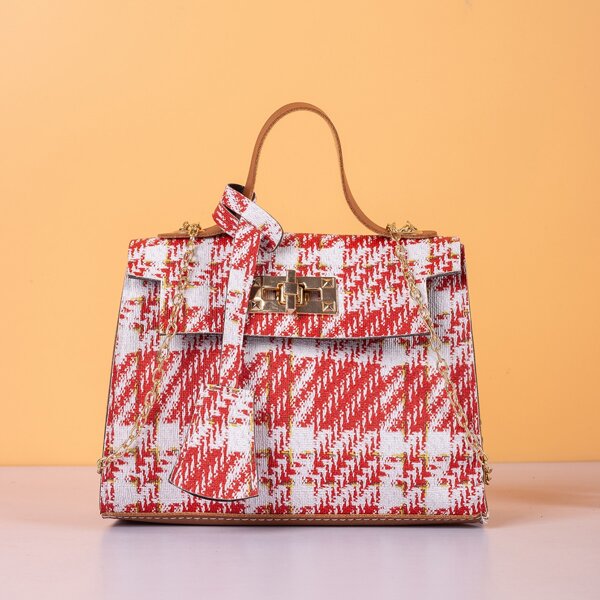 

Twist Lock Plaid Pattern Flap Square Bag, Red and white